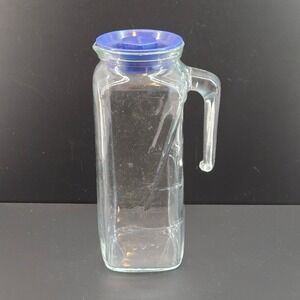 Frigorello Glass Pitcher Carafe with Blue Lid 1 Liter Made in Italy Clear Square